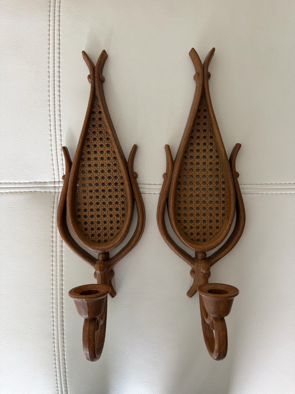 Pair Vintage Mid Century Syroco Faux Cane Candle Wall Sconces